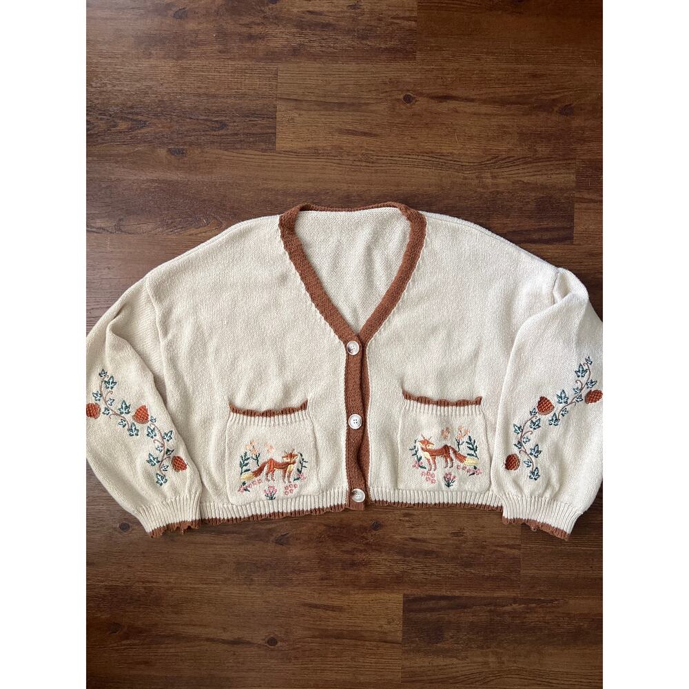 ROMWE Fairycore Fox and Flower Embroidery Cropped Cardigan Sweater 2XL
